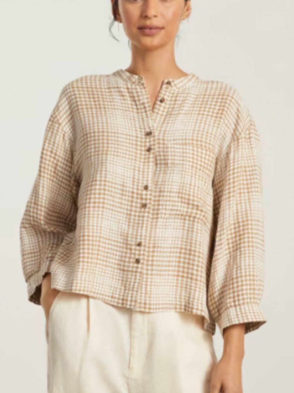 Everlane The Linen Billow Top in Beige Check